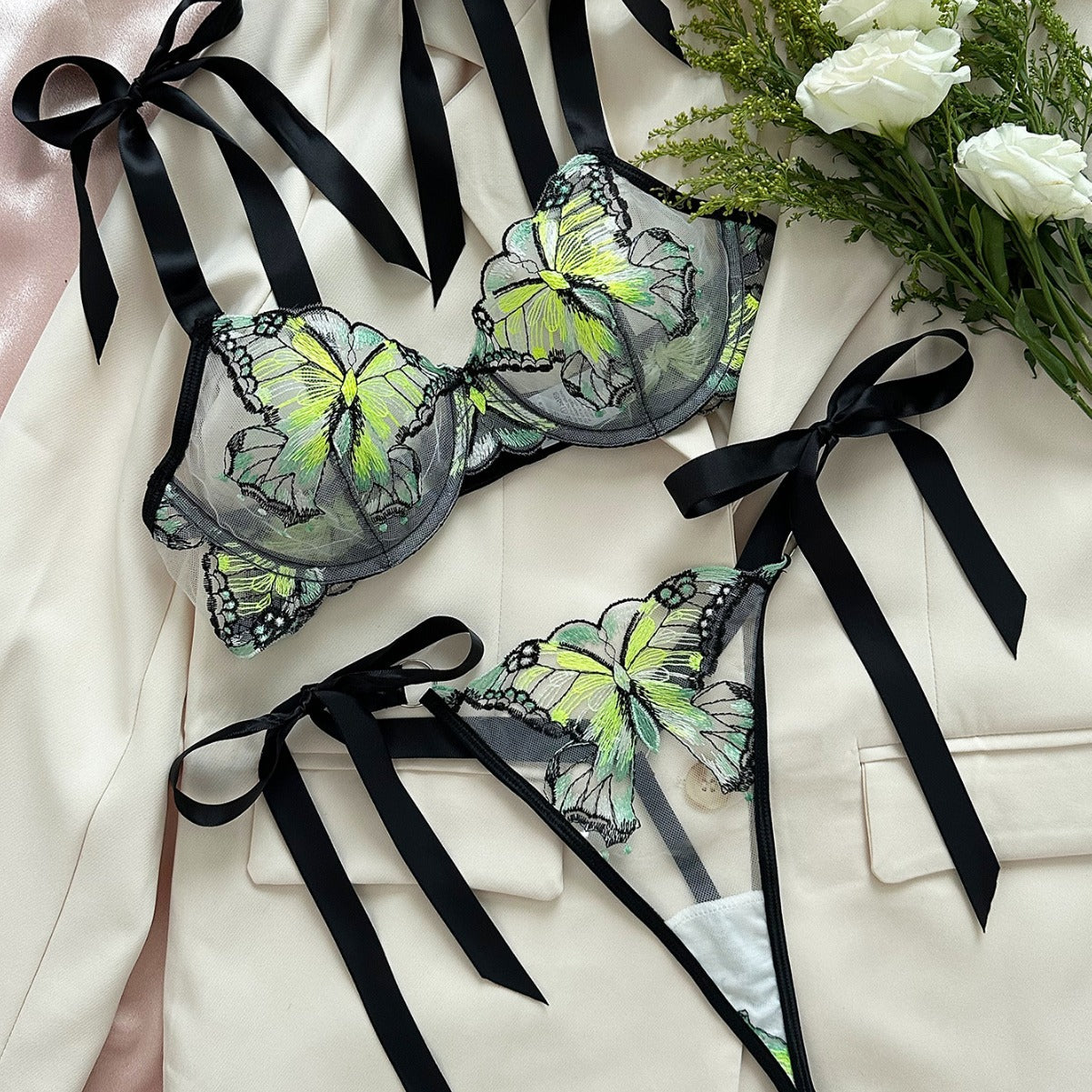 Butterfly Mesh Embroidery See-through Sexy Lingerie Set