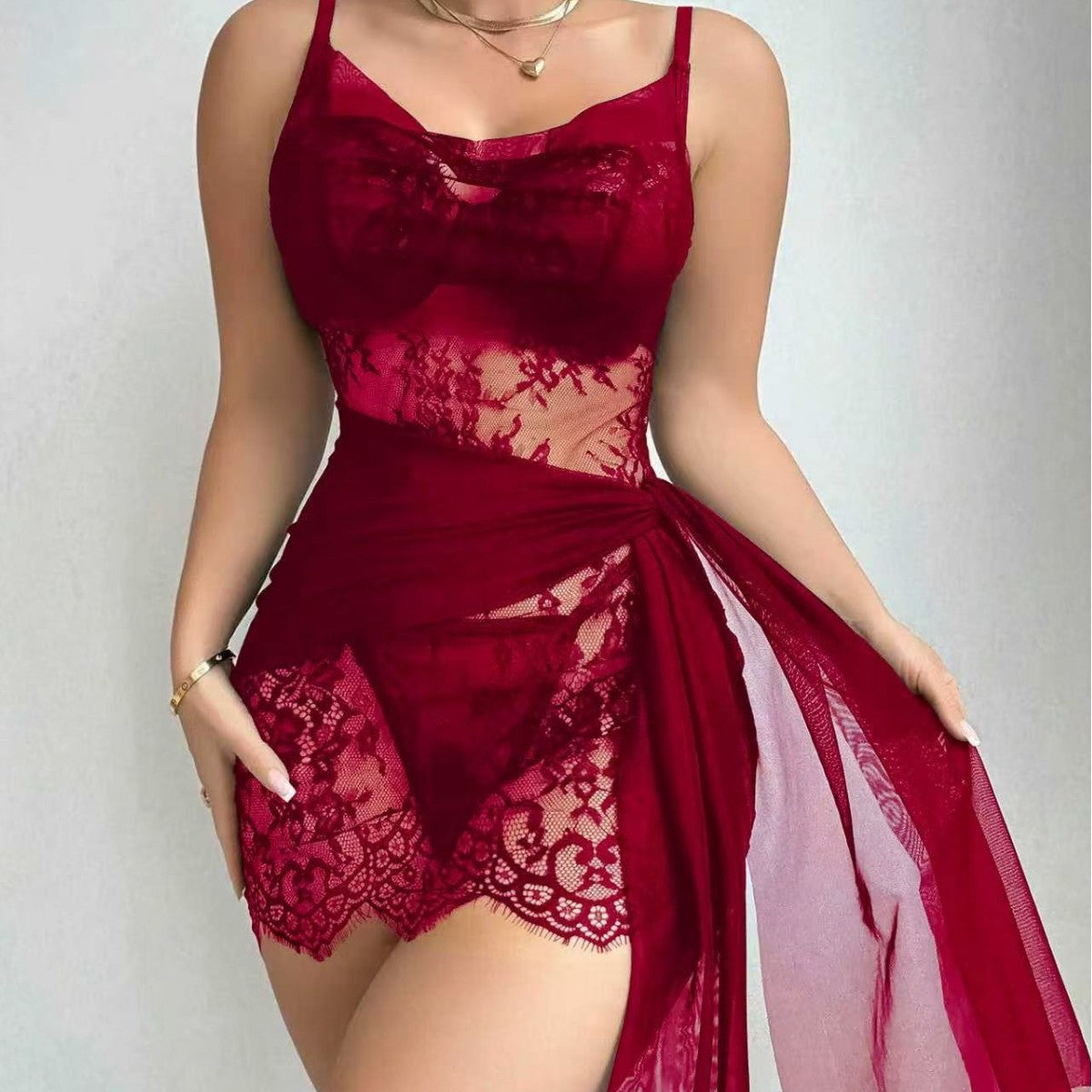 Lace Bustier Camisole Nightgown with Sheer Mesh Details and Side Tie Wrap Design