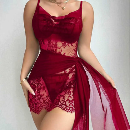 Lace Bustier Camisole Nightgown with Sheer Mesh Details and Side Tie Wrap Design