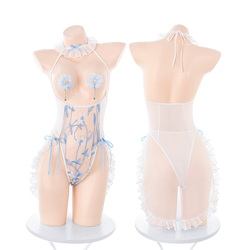 Floral Lace Print Bodysuit Set & Nipple Covers
