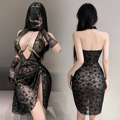 Flash Chain Breastpin Charming See-through Sexy Lace Dress