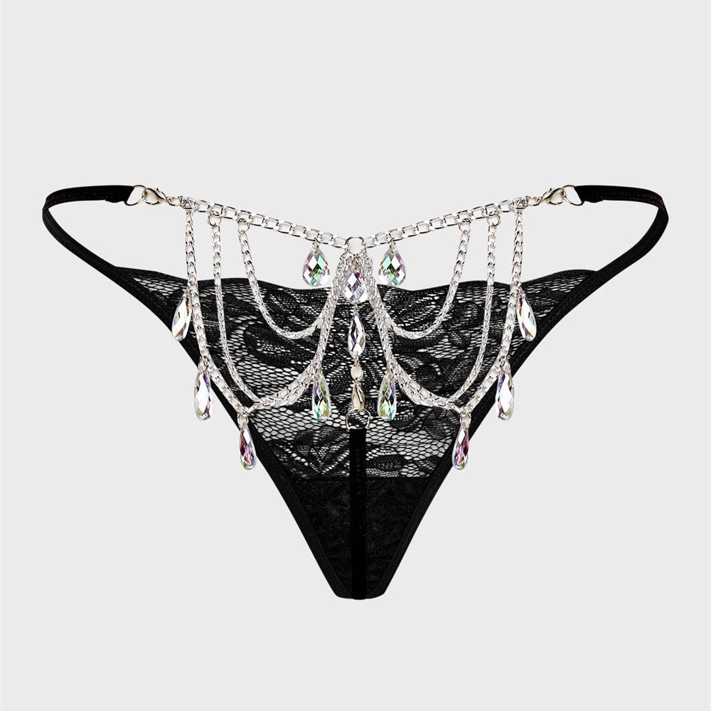 Sexy Women's Thong Lace Water Drop Gem Embellished Breathable