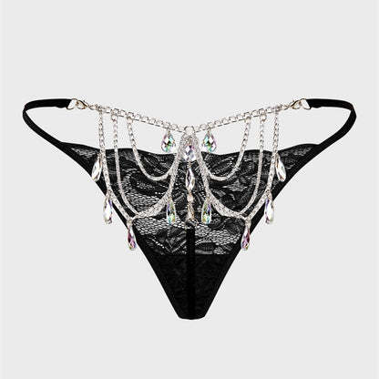 Sexy Women's Thong Lace Water Drop Gem Embellished Breathable
