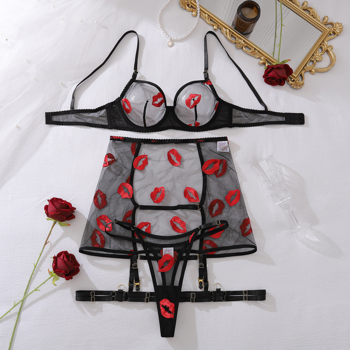 Mesh Transparent Embroidered Red Lips Sexy Lingerie