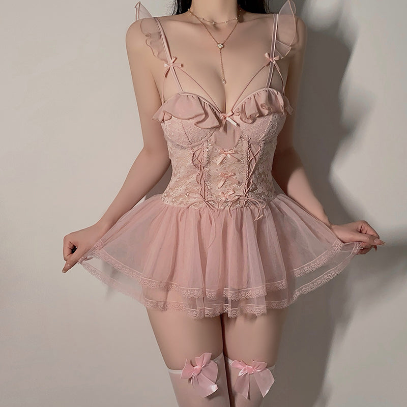 Sweet Style Mesh Cinched Lace-up Sexy Lingerie
