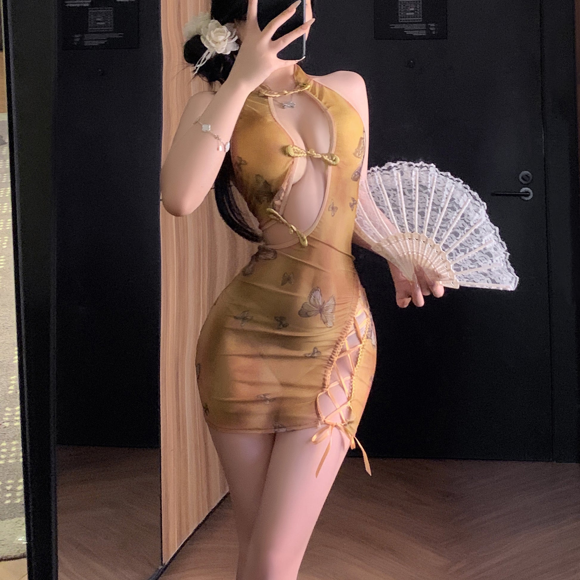 Yellow Butterfly Print Retro Cheongsam Nightdress