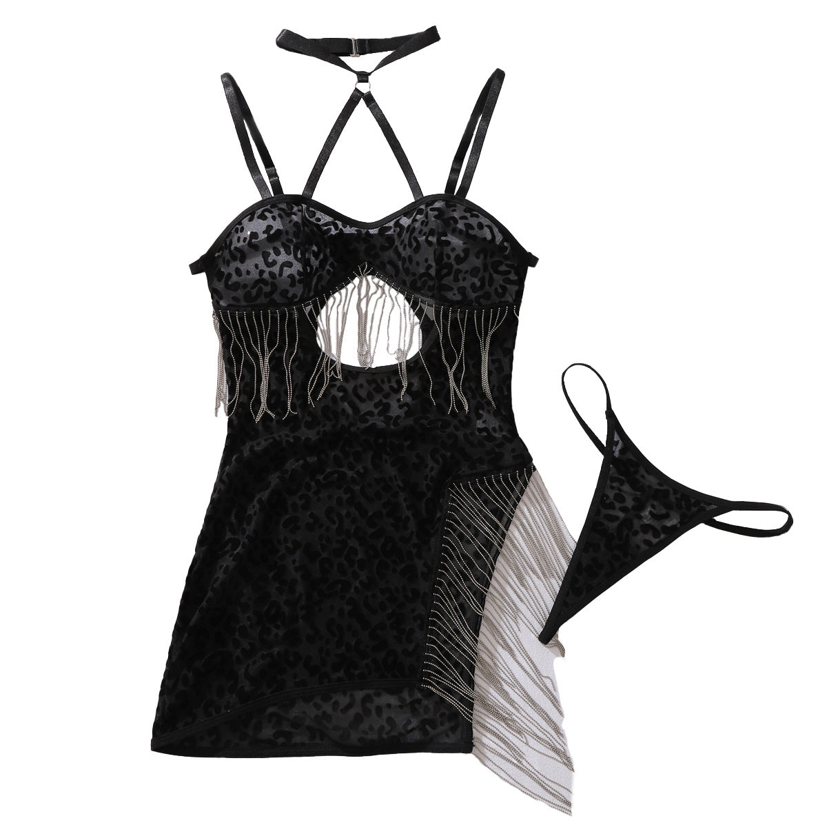 Black Leopaed Tassel Pendant Chain Backless Slit Sexy Dress