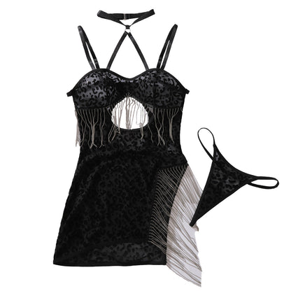 Black Leopaed Tassel Pendant Chain Backless Slit Sexy Dress