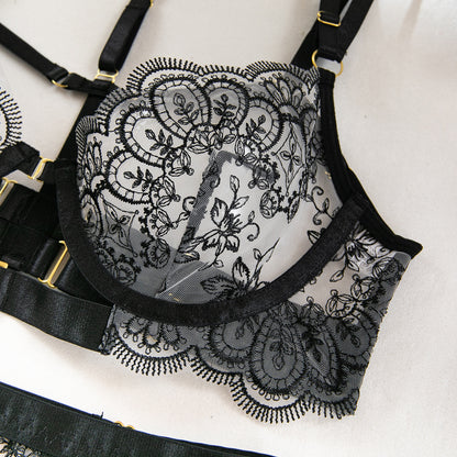 Sexy Lingerie 5-Piece Ensemble Floral Black Lace Garter Belt with Stocking Clips