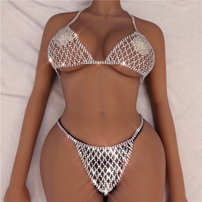 Rhinestones Body Chain Suit Silver Crystal Bikini Bra Underwear Sexy Body Jewelry Accessories