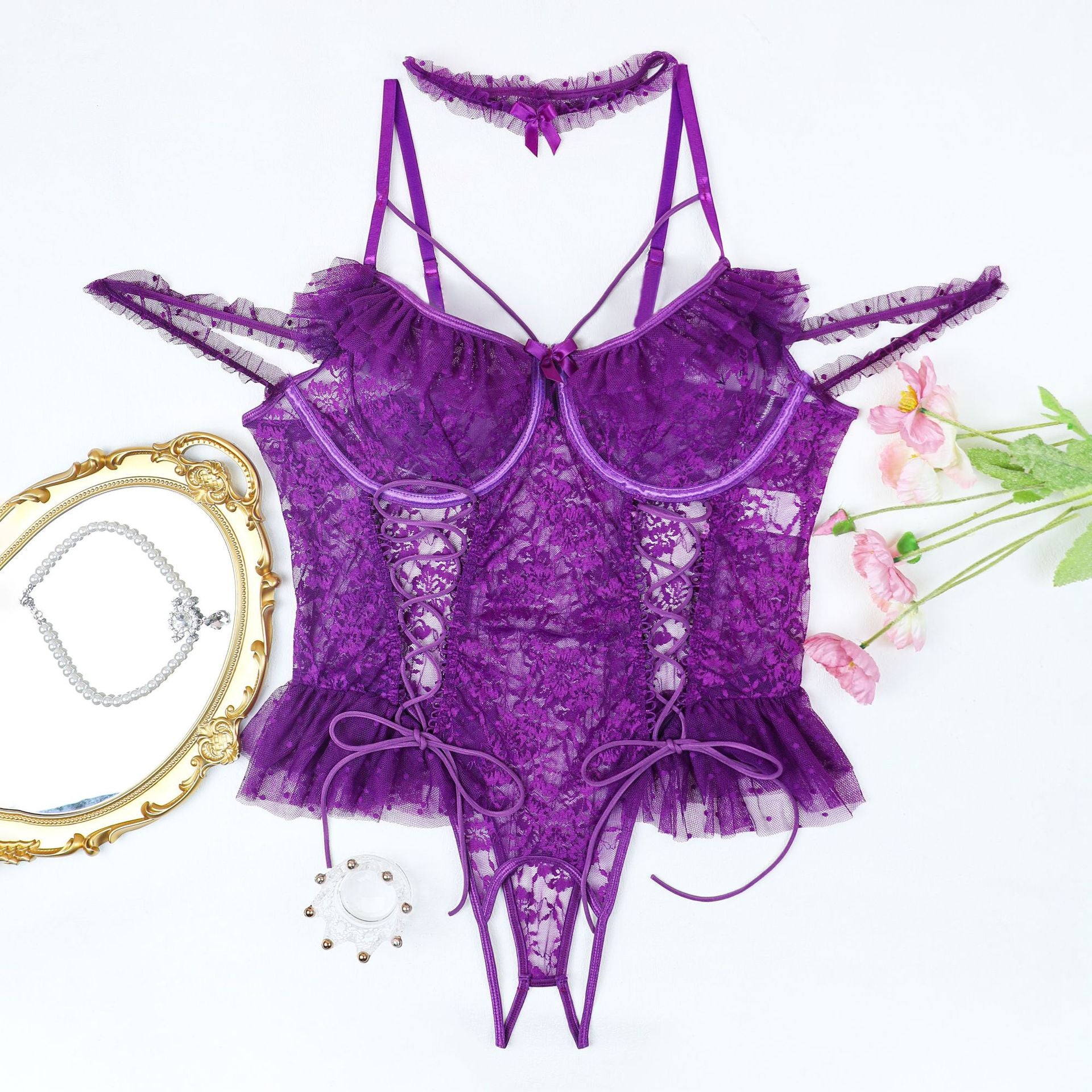 Plus - Size Sexy Lingerie One - piece Halter Pajama Set Sexy Transparent Lace Sexy Set