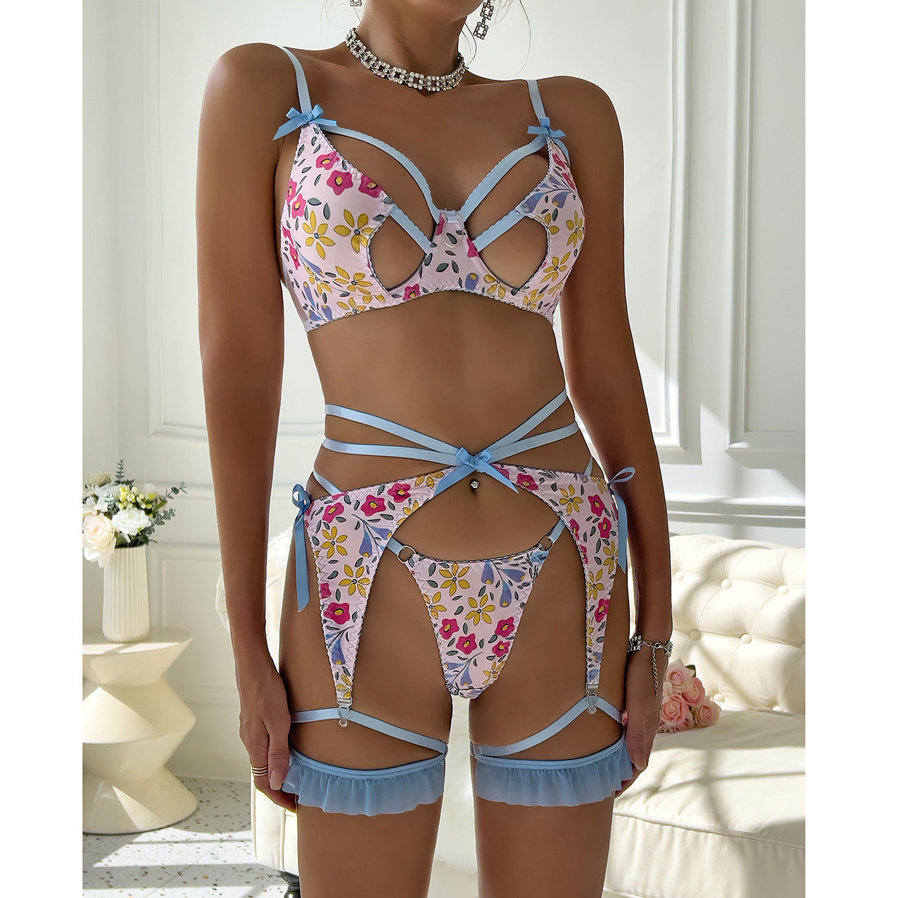 Floral Print Sheer Lingerie Set