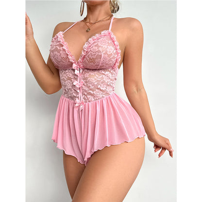 Pink Lace Stitching Bow Halter Lace Jumpsuit