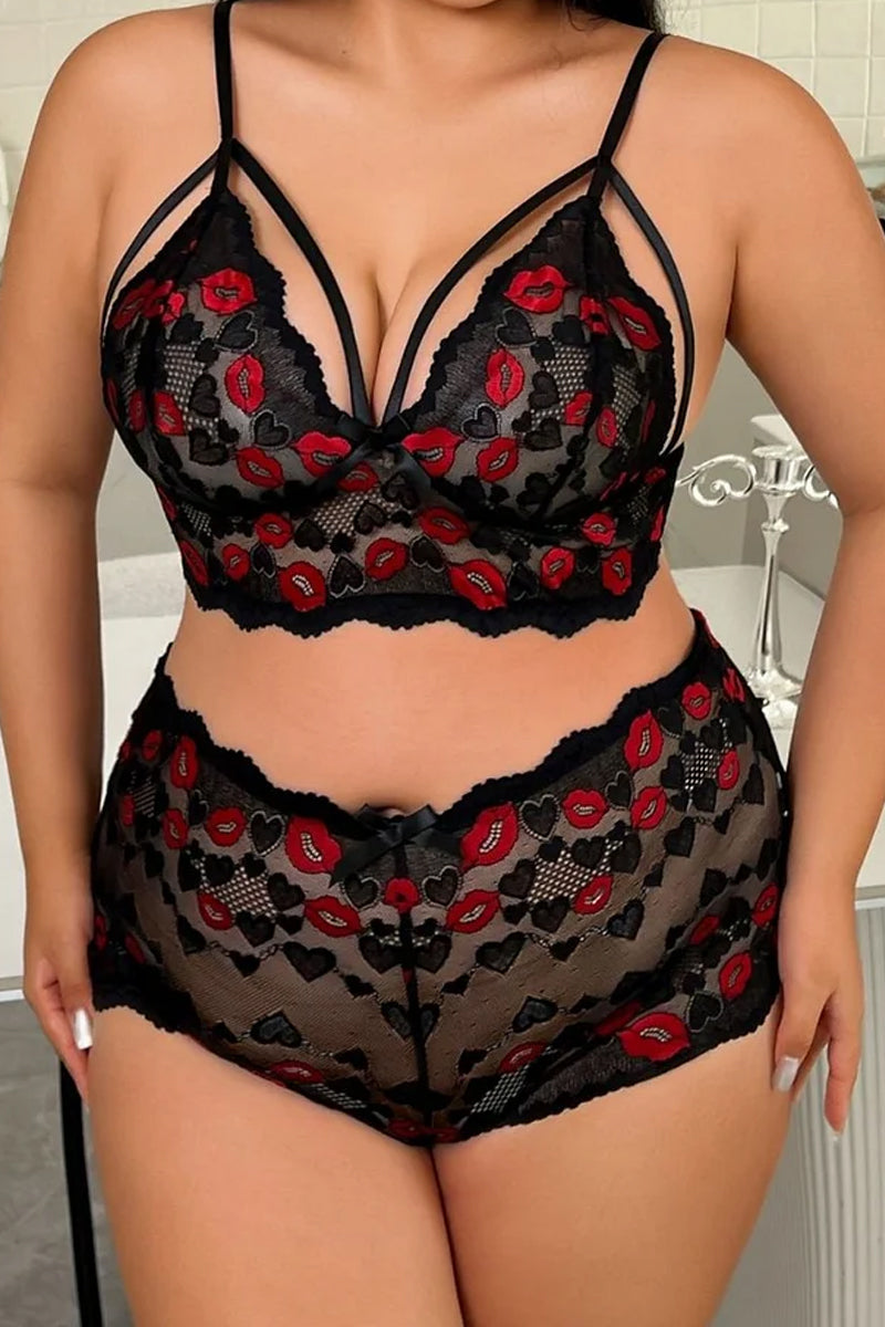 Plus-Size Erotic Lingerie Three-Point Set Semi-Transparent Mesh Sheer Lace Erotic Lingerie Set