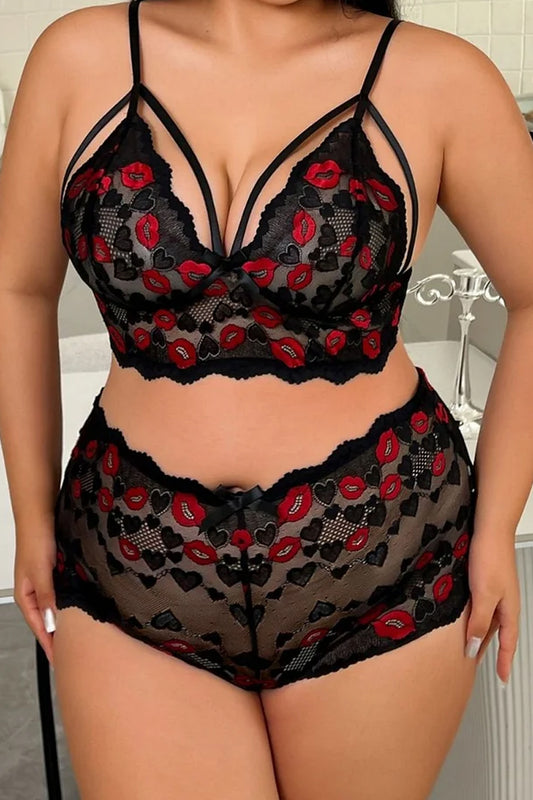 Plus-Size Erotic Lingerie Three-Point Set Semi-Transparent Mesh Sheer Lace Erotic Lingerie Set