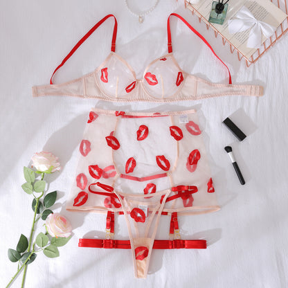 Mesh Transparent Embroidered Red Lips Sexy Lingerie