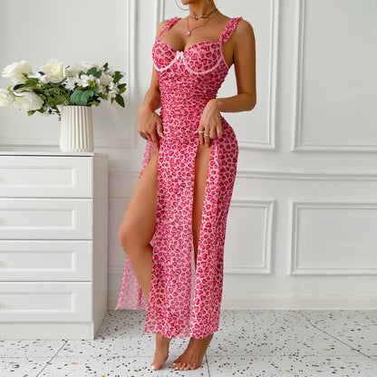 Fuchsia Leopard Love High Slit Long Dress Sexy Sling Dress T-Back