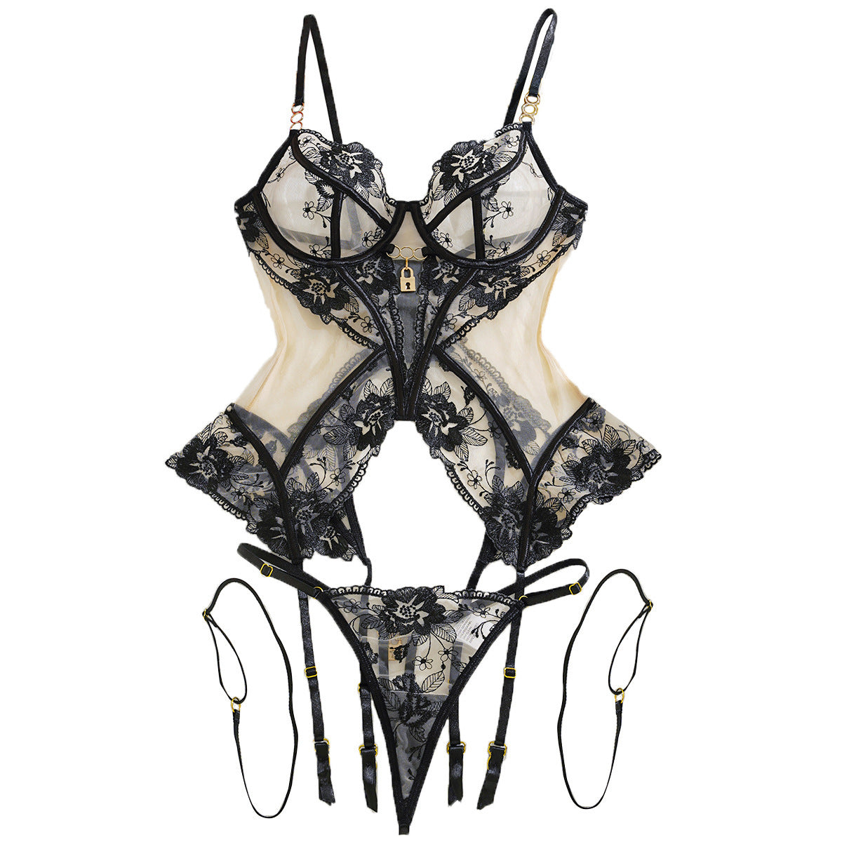 See-through Embroidery padlock charm Mesh Body Shaping Sexy Lingerie Set
