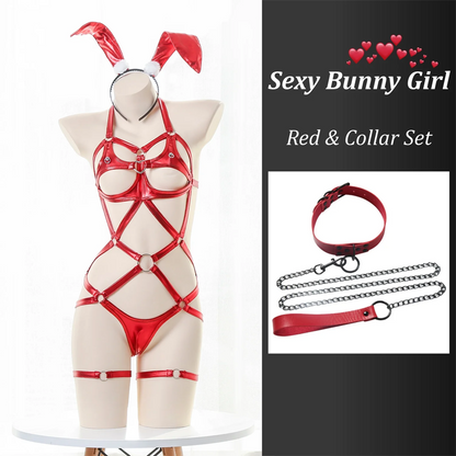 【Free Bunny Ears Headband】SM Bunny Girl Three-piece Leather Sexy Lingerie