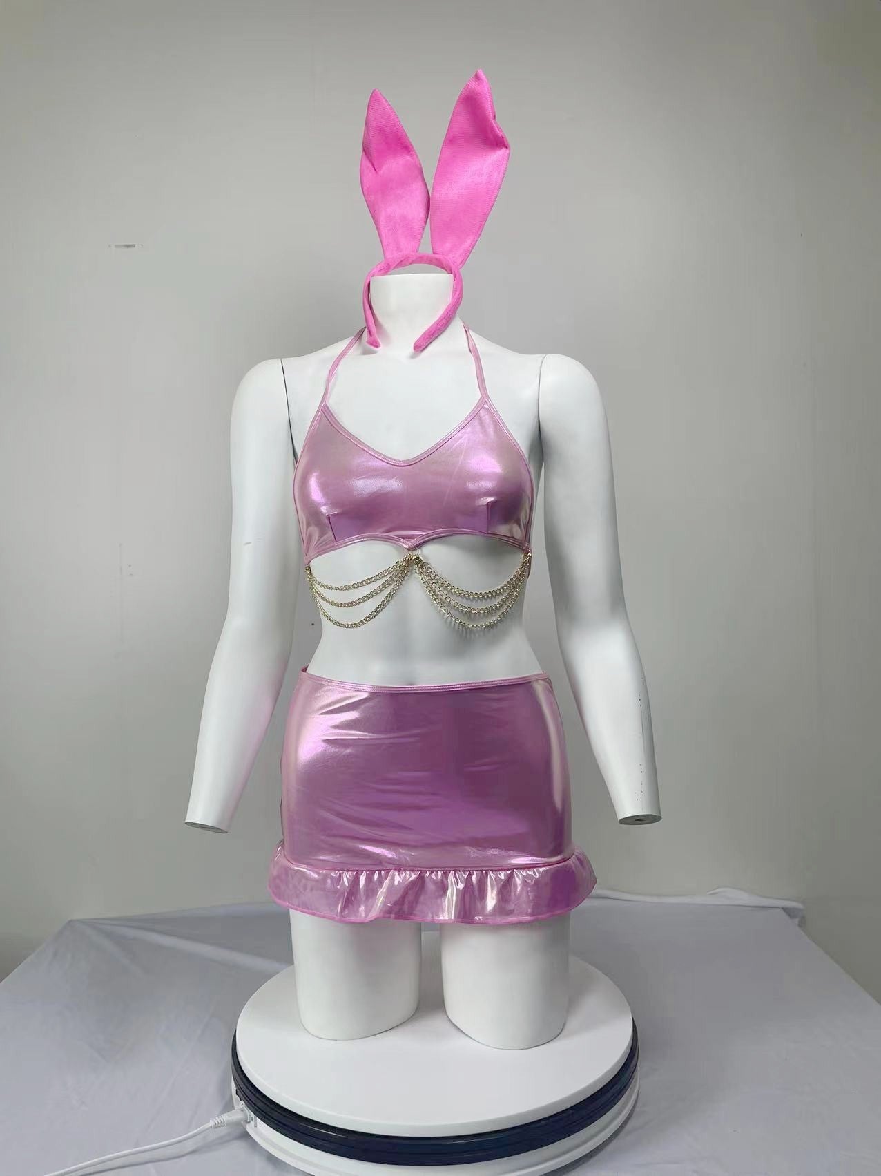 Seductive Women's Club Party Set Shiny Metal Chain Pleated Booty-Hugging Skirt