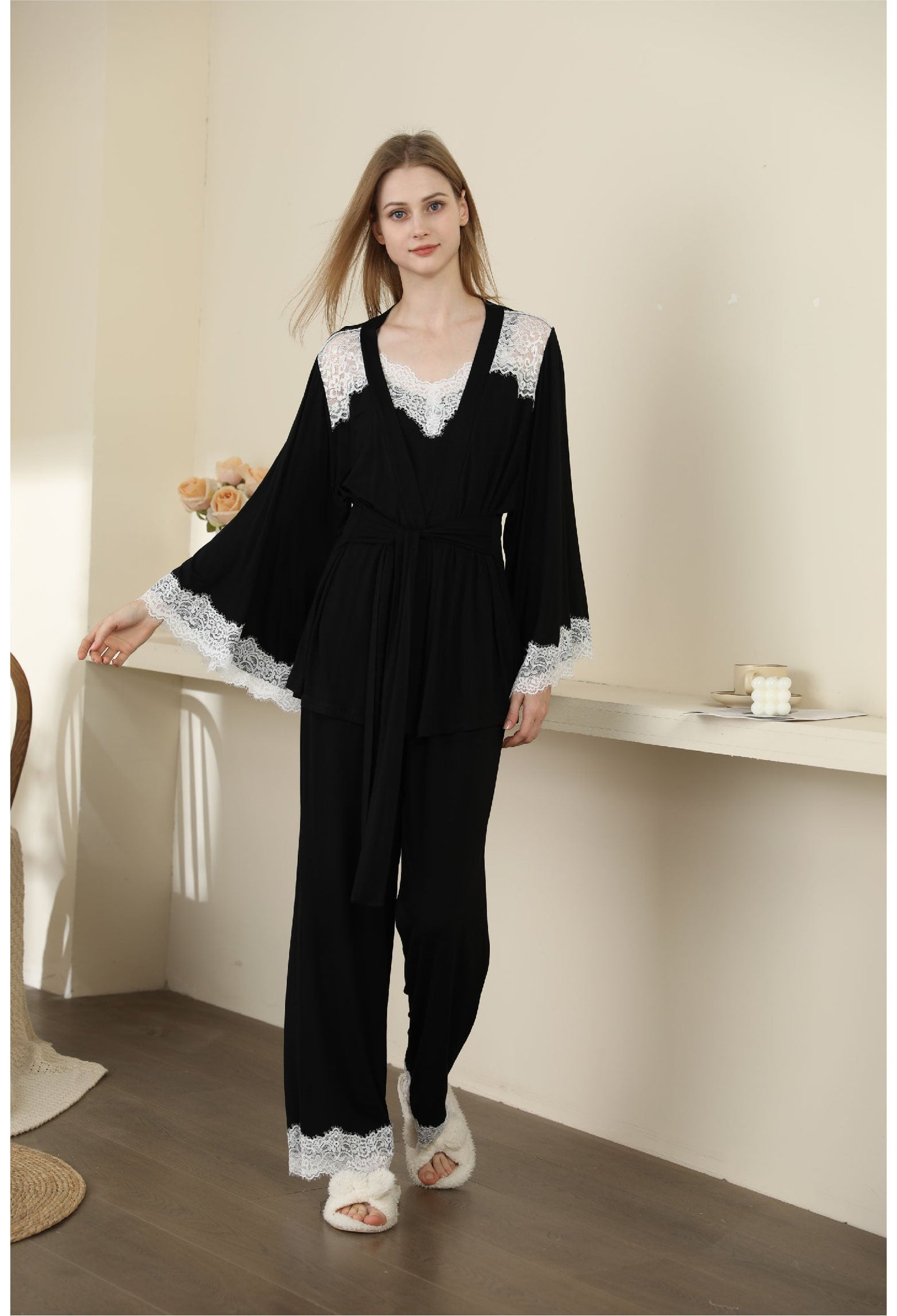 Sexy Modal Lace Backless Pajama Robe Camisole Set