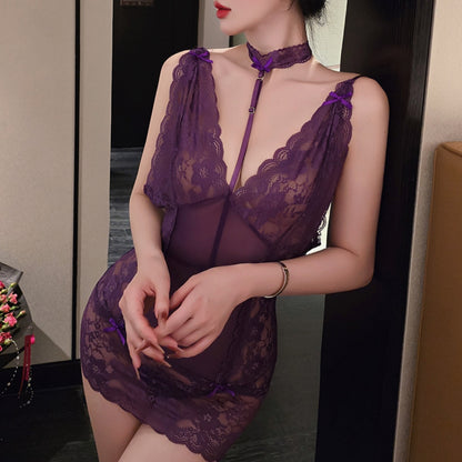 Deep V See-Through Lace Halter Nightdress