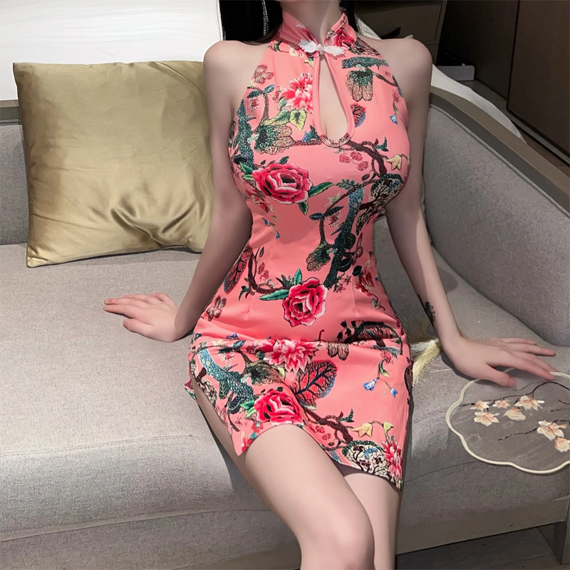 Split Sleeveless Vintage Printed Cheongsam