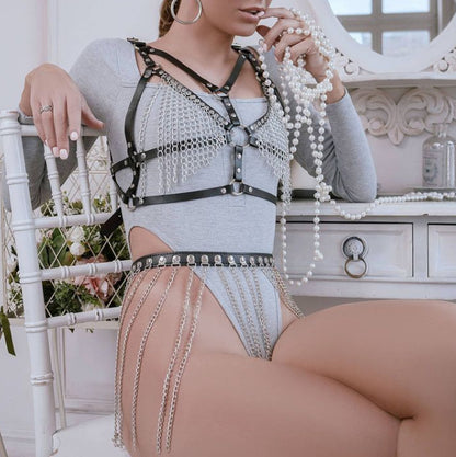 Seductive SM Leather Bondage Lingerie Set Tassel Body Chain G-String with Music Festival Style