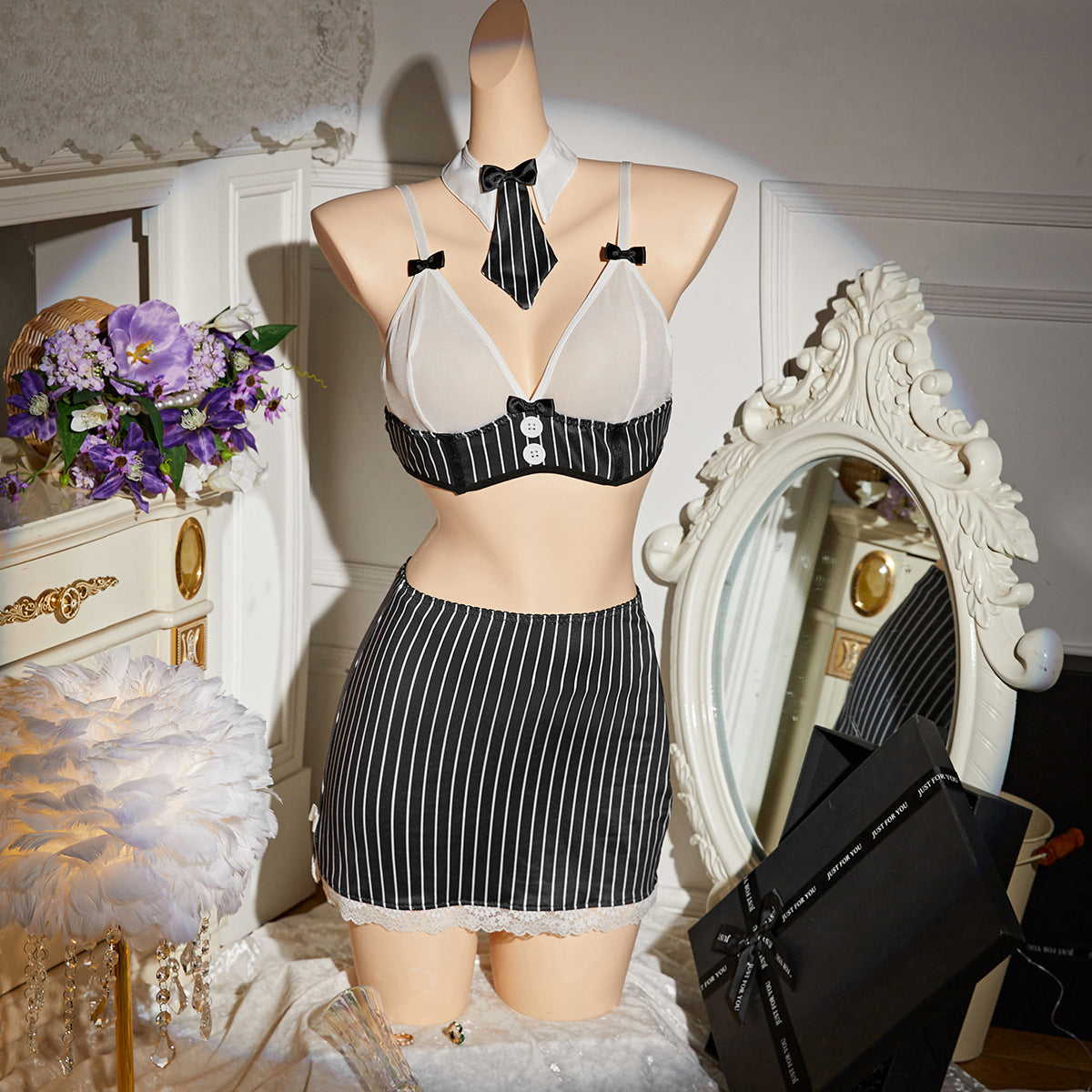 Sexy Striped Bow Teacher Roleplay Sexy Lingerie Set