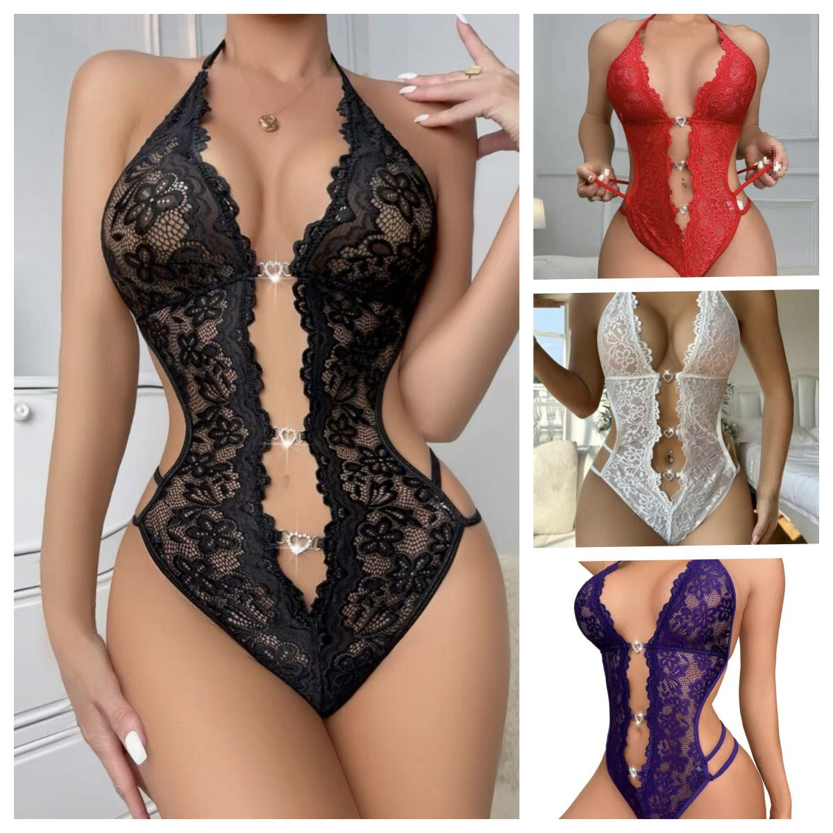 Halter Neck Lace Rhinestone Slim-fit Dress