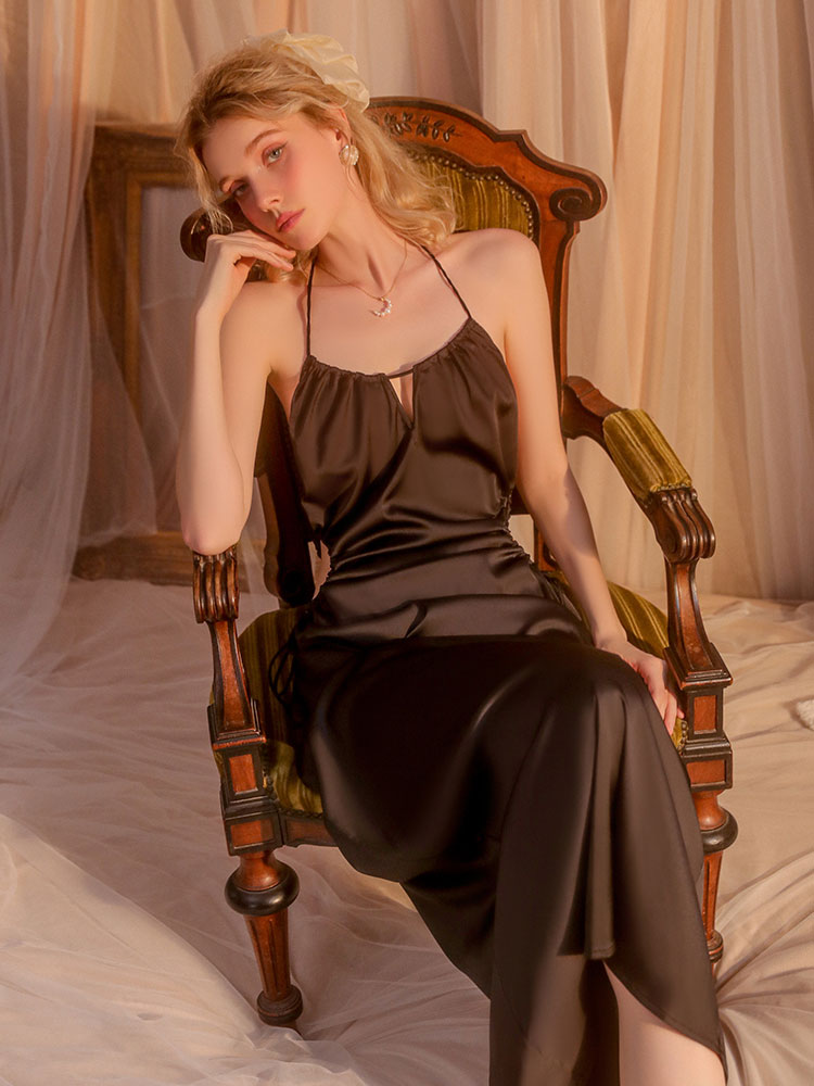 Long Ice Silk Backless Halter Camisole Nightgown