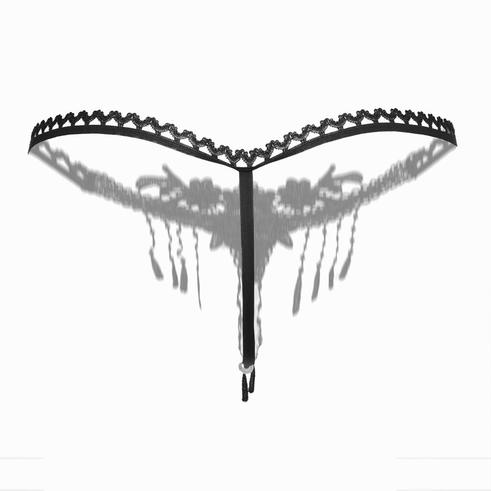 Sexy Embroidered Tassel Pearl Open Crotch Thong