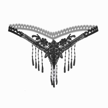 Sexy Embroidered Tassel Pearl Open Crotch Thong