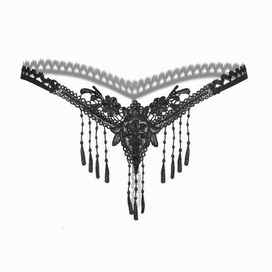 Sexy Embroidered Tassel Pearl Open Crotch Thong