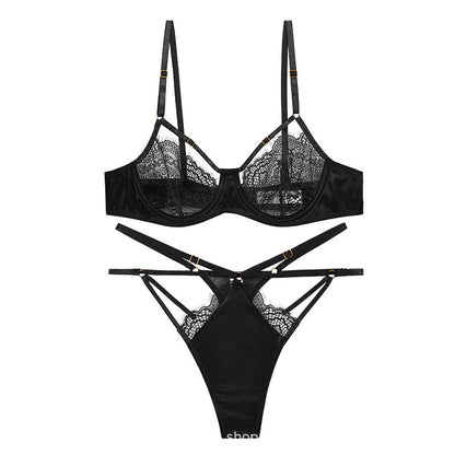 Ultra - thin Lace French Bra T - pants Stitching Perspective Temptation Sexy Lingerie