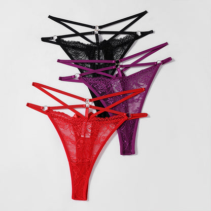 Seductive Women's Floral Lace Mid Waist Thongs Bowknot Detail