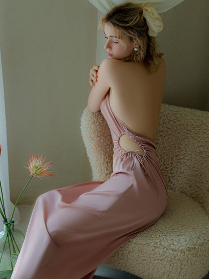 Long Ice Silk Backless Halter Camisole Nightgown