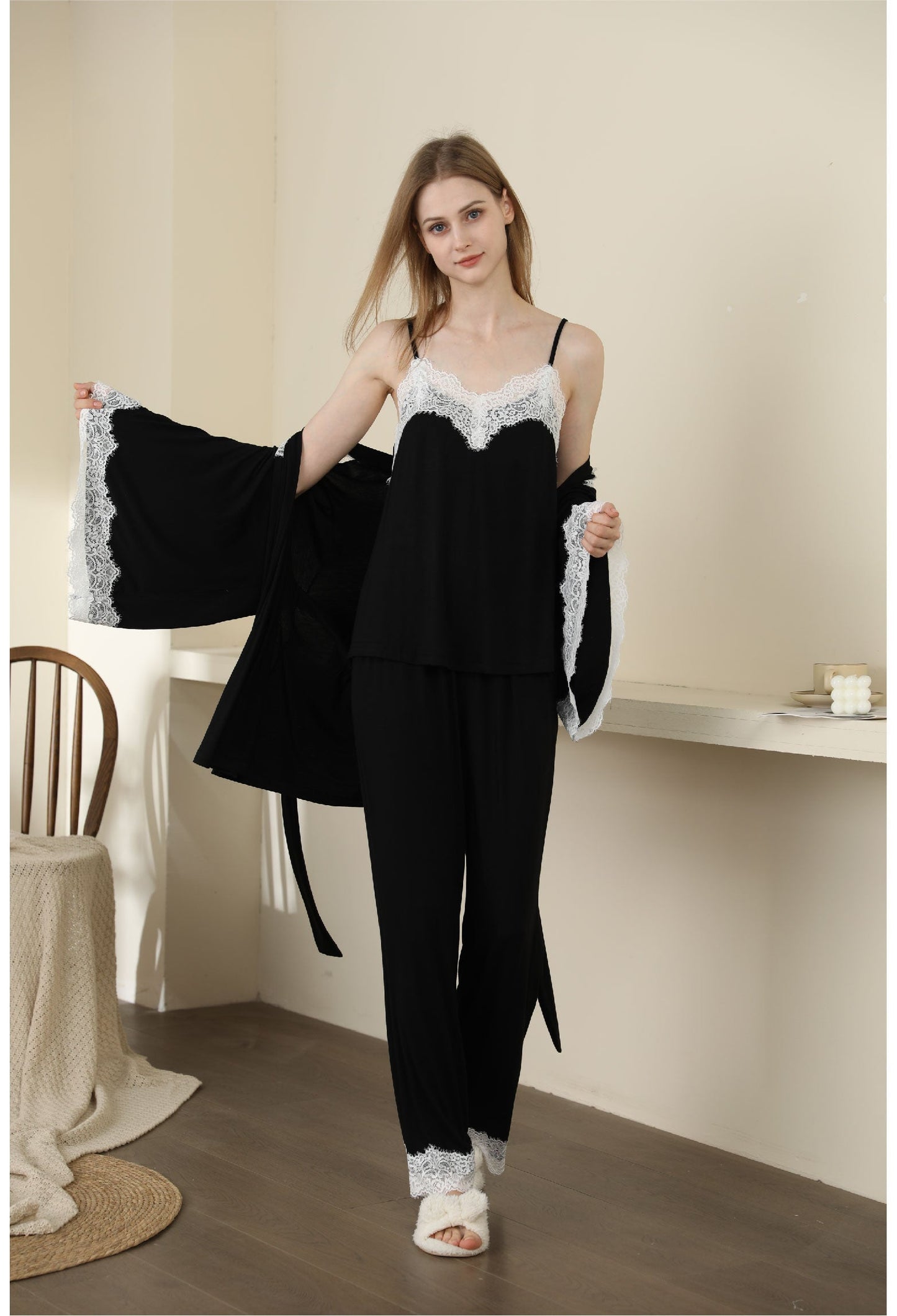 Sexy Modal Lace Backless Pajama Robe Camisole Set