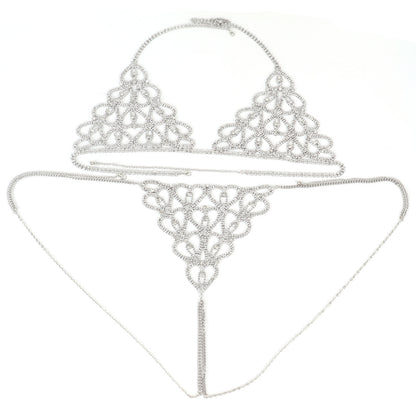 Water diamond Diamond studded Heart shaped Decorations Nightclub sexy Body Chain Bra Set